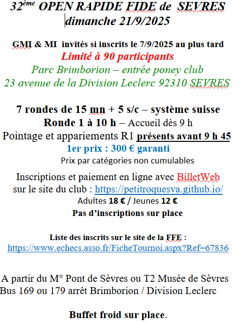 Fiche renseignement 32ème open de Sèvres Ville d'Avray